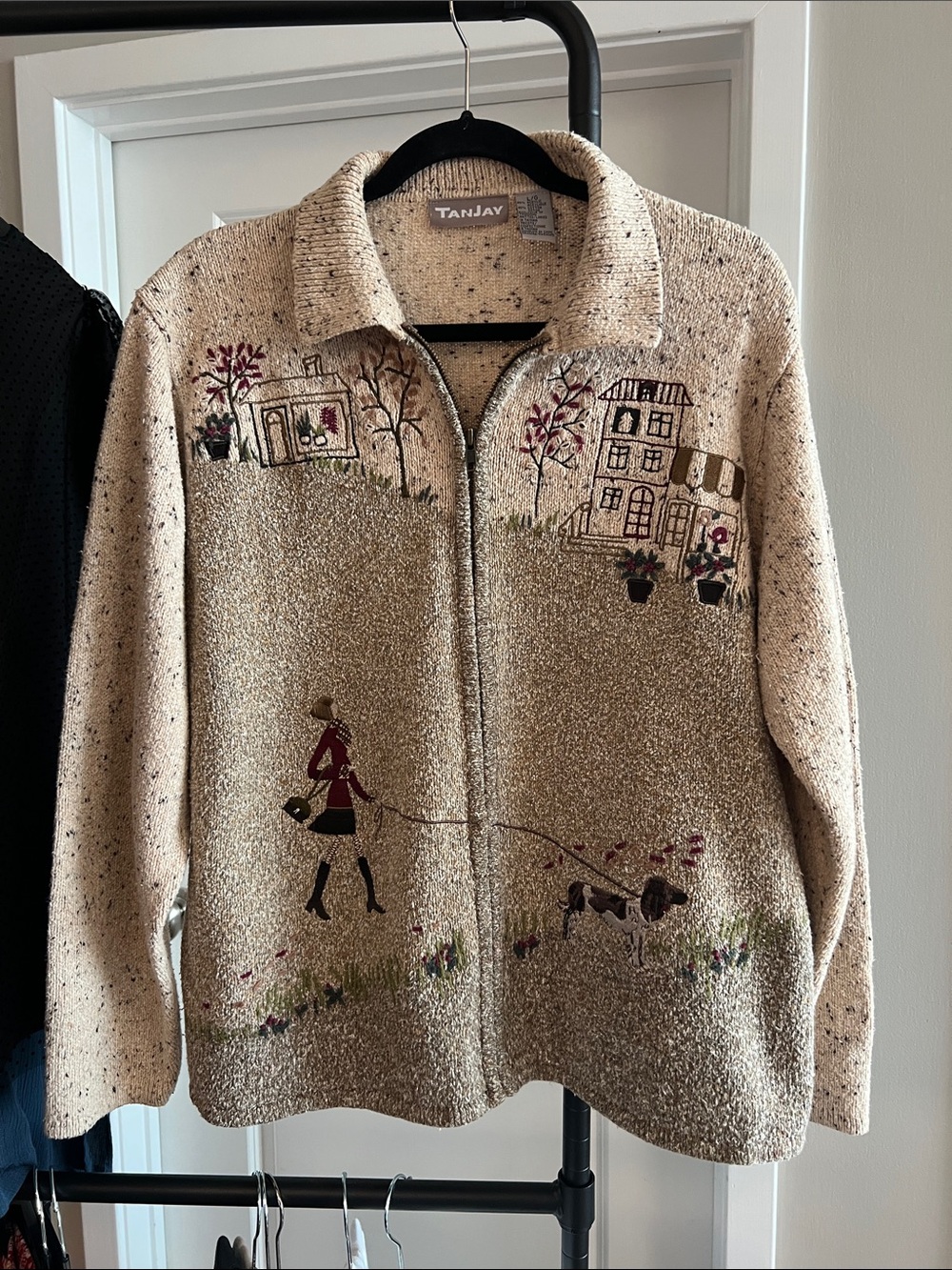 Vintage TanJay Woman and Dog Countryside Full zip Cardigan jacket size Large